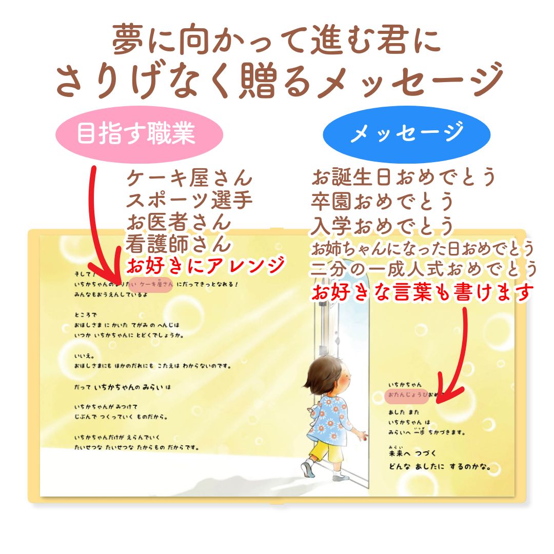 名入れ絵本「きみの未来」(女の子) 将来を考えるお子様を見守り、そっと背中を押してあげる絵本