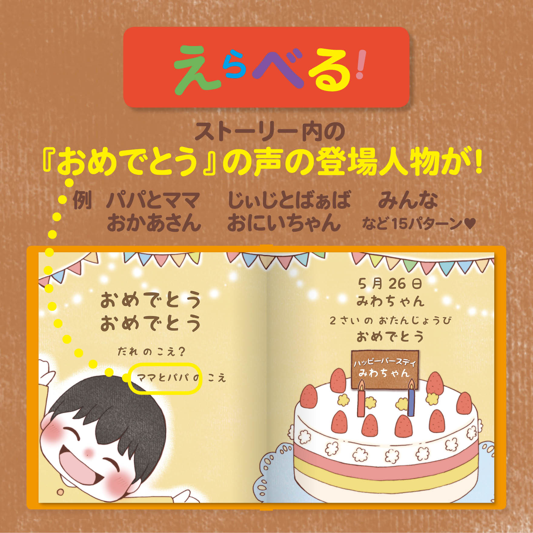 名入れ絵本「なんのおと」幼児用 日常の音とお誕生日がテーマの読み聞かせ絵本 遊べる絵本 -#誕生日祝い  #オリジナル絵本 #カスタマイズ #プレゼント #贈り物 #音遊び #畳語 #オノマトペ #0歳 #1歳 #2歳 #3歳 #あなたの絵本ドットコム #読み聞かせ #孫 #ケーキイラスト